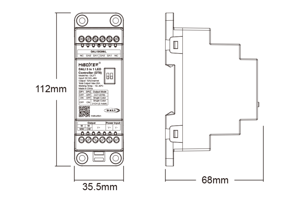 MiLight MiBoxer DL2-T – DIN-Rail DALI-2 3in1 LED Controller met CCT-, Single Color- en 2-Kanaals Uitgang (DT8)