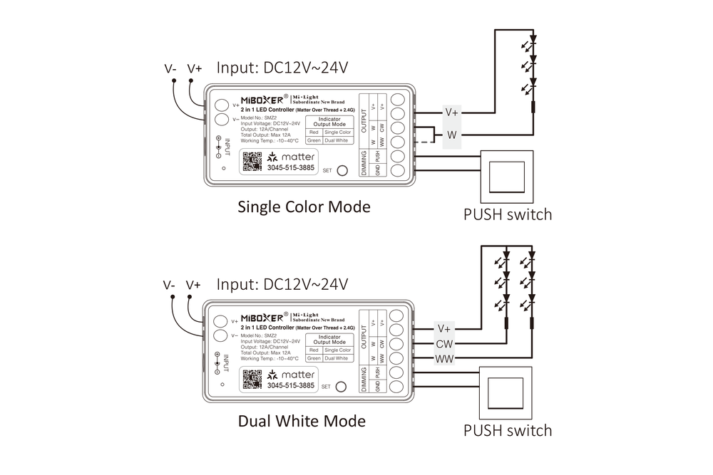MiLight MiBoxer SMZ2 – Matter over Thread + RF 2.4G Enkelkleur/Dual White CCT Dimmer LED Controller (2-in-1)