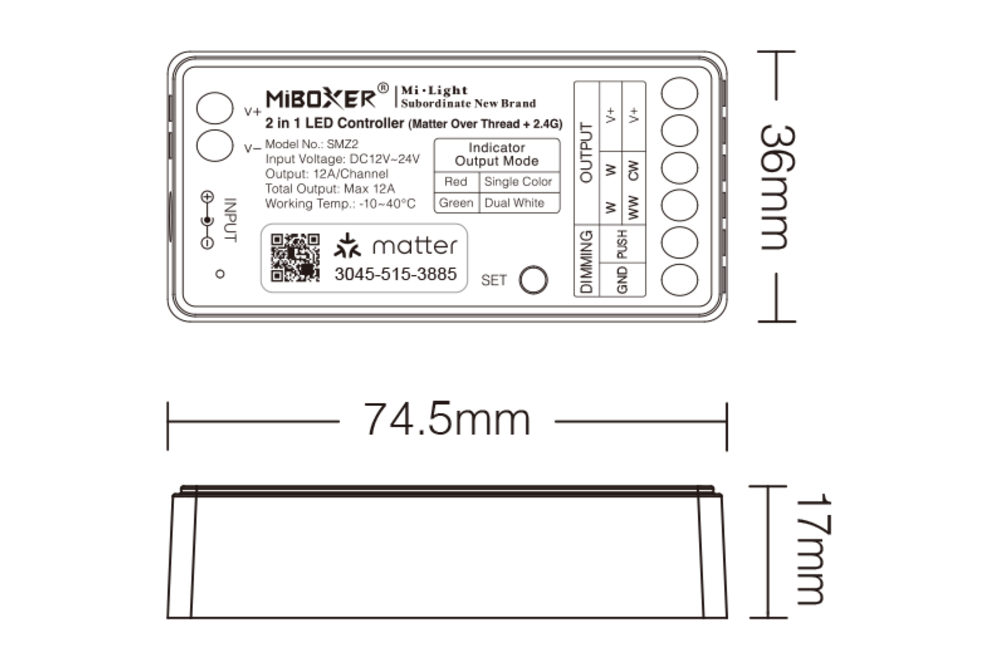 MiLight MiBoxer SMZ2 – Matter over Thread + RF 2.4G Enkelkleur/Dual White CCT Dimmer LED Controller (2-in-1)
