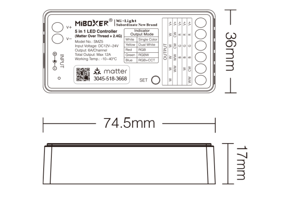 MiLight MiBoxer SMZ5  Matter over Thread + RF 2.4G Enkelkeur/DualWhite/RGB/RGBW/RGBCCT–LED Controller (5-in-1)