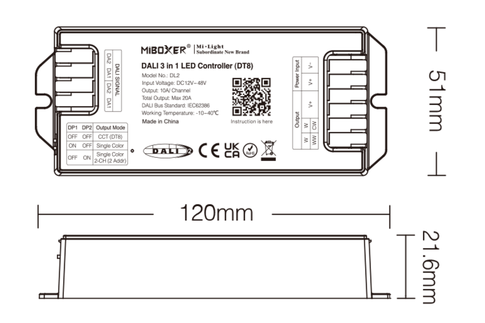 MiLight MiBoxer DL2 – DALI-2 LED Controller 3-in-1 DT8 Single Color/Dual Channel Single Color / Dual White Dali Controller 2x10 Ampère