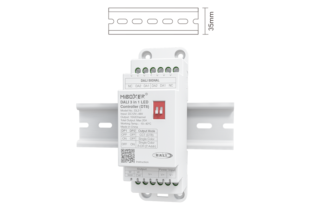 MiLight MiBoxer DL2-T – DIN-Rail DALI-2 3in1 LED Controller met CCT-, Single Color- en 2-Kanaals Uitgang (DT8)