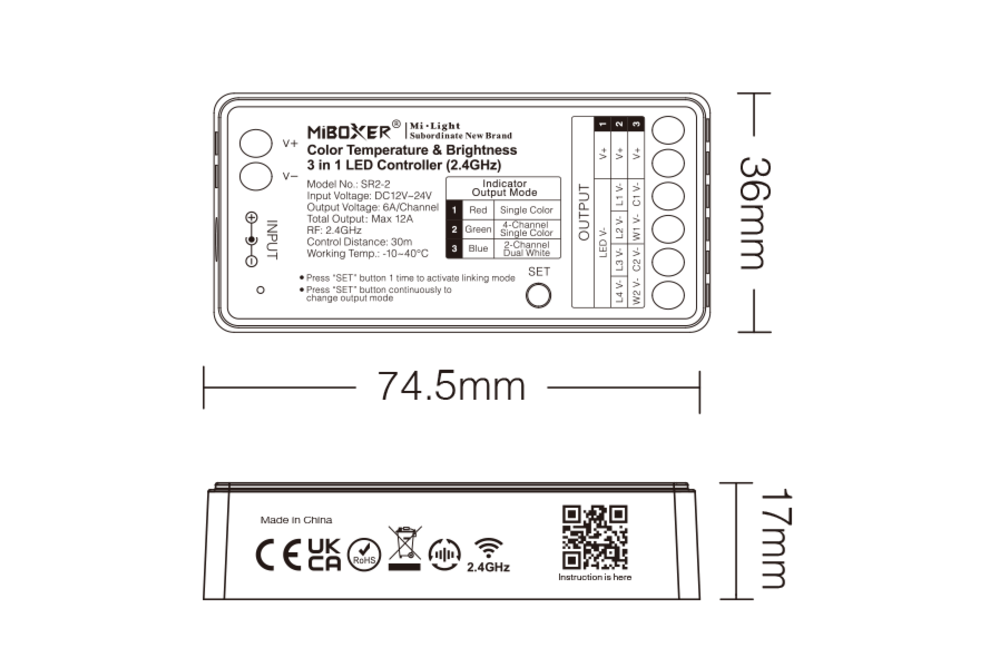 MiLight MiBoxer SR2-2 – 2,4GHz RF 3-in-1 LED Controller voor Single Color, 4-Kanaals Single Color en 2-Kanaals Dual White | 12-24V 12A