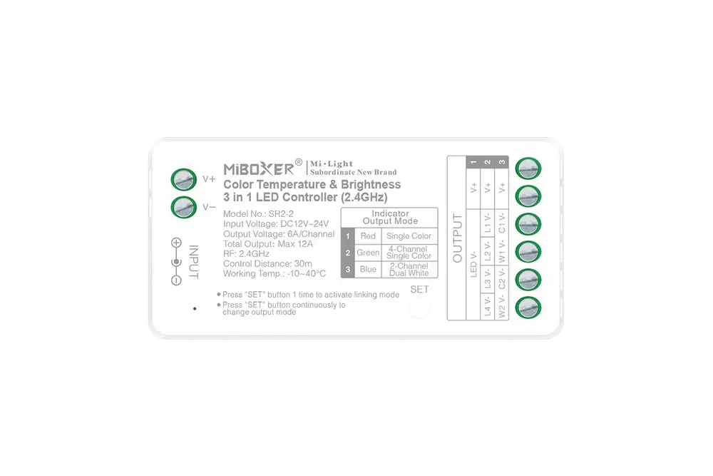 MiLight MiBoxer SR2-2 – 2,4GHz RF 3-in-1 LED Controller voor Single Color, 4-Kanaals Single Color en 2-Kanaals Dual White | 12-24V 12A
