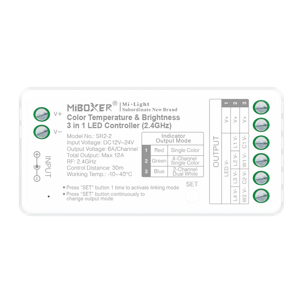 MiLight MiBoxer SR2-2 – 2,4GHz RF 3-in-1 LED Controller voor Single Color, 4-Kanaals Single Color en 2-Kanaals Dual White | 12-24V 12A