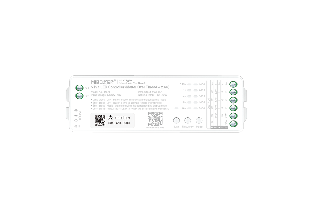 MiLight MiBoxer MLZ5  Matter over Thread + RF 2.4G Enkelkeur/DualWhite/RGB/RGBW/RGBCCT–LED Controller (5-in-1) | 12V-48V 15A