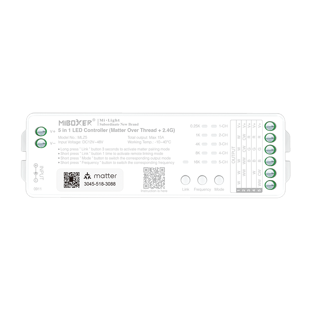 MiLight MiBoxer MLZ5  Matter over Thread + RF 2.4G Enkelkeur/DualWhite/RGB/RGBW/RGBCCT–LED Controller (5-in-1) | 12V-48V 15A