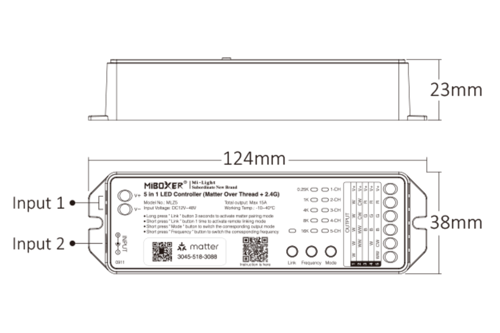 MiLight MiBoxer MLZ5  Matter over Thread + RF 2.4G Enkelkeur/DualWhite/RGB/RGBW/RGBCCT–LED Controller (5-in-1) | 12V-48V 15A