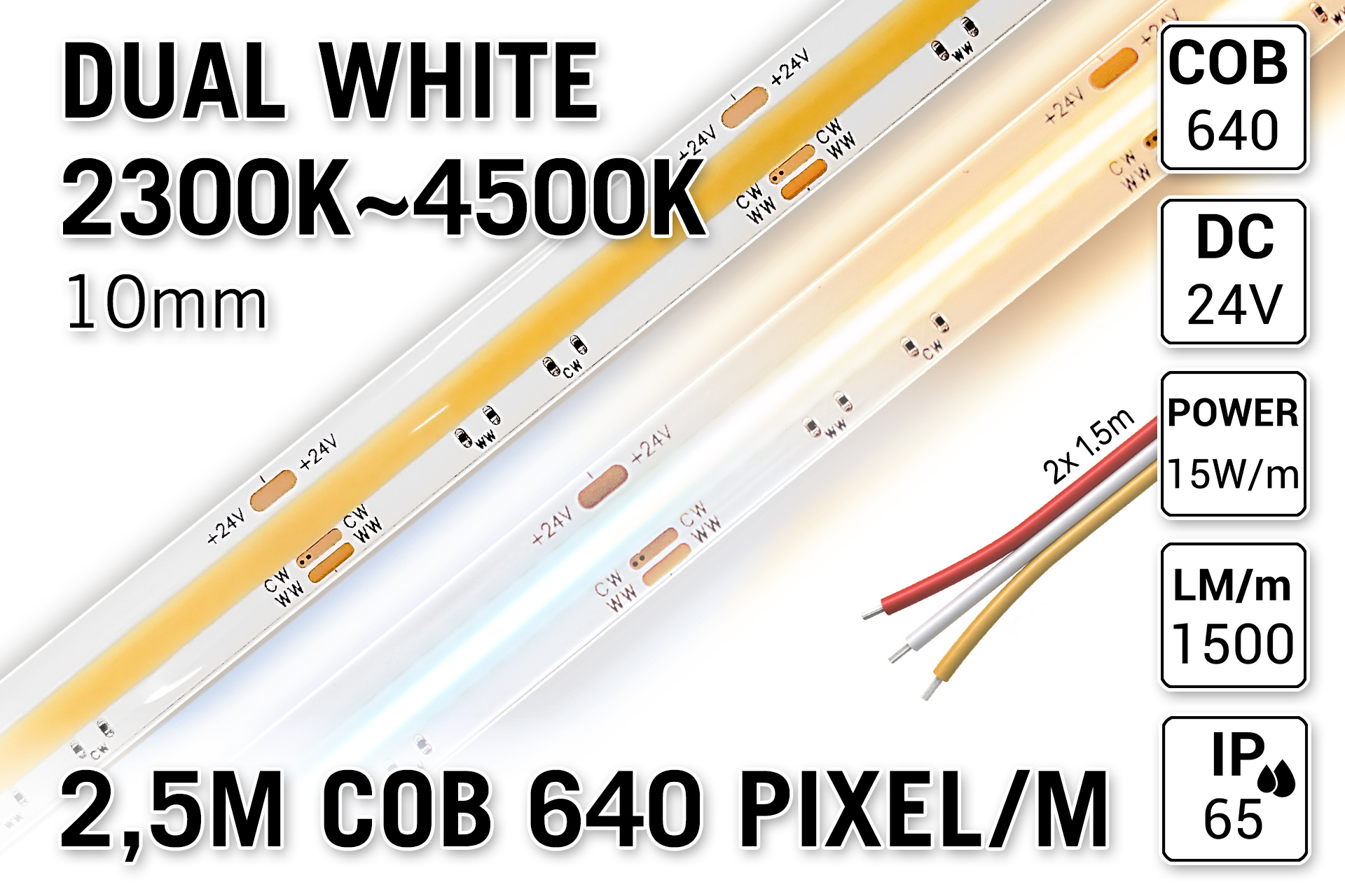 AppLamp ProLine PRO LINE COB Dual Wit 2300K~4500K CCT Led Strip | 2,5m COB 640 Pixels pm 24V - Losse Strip