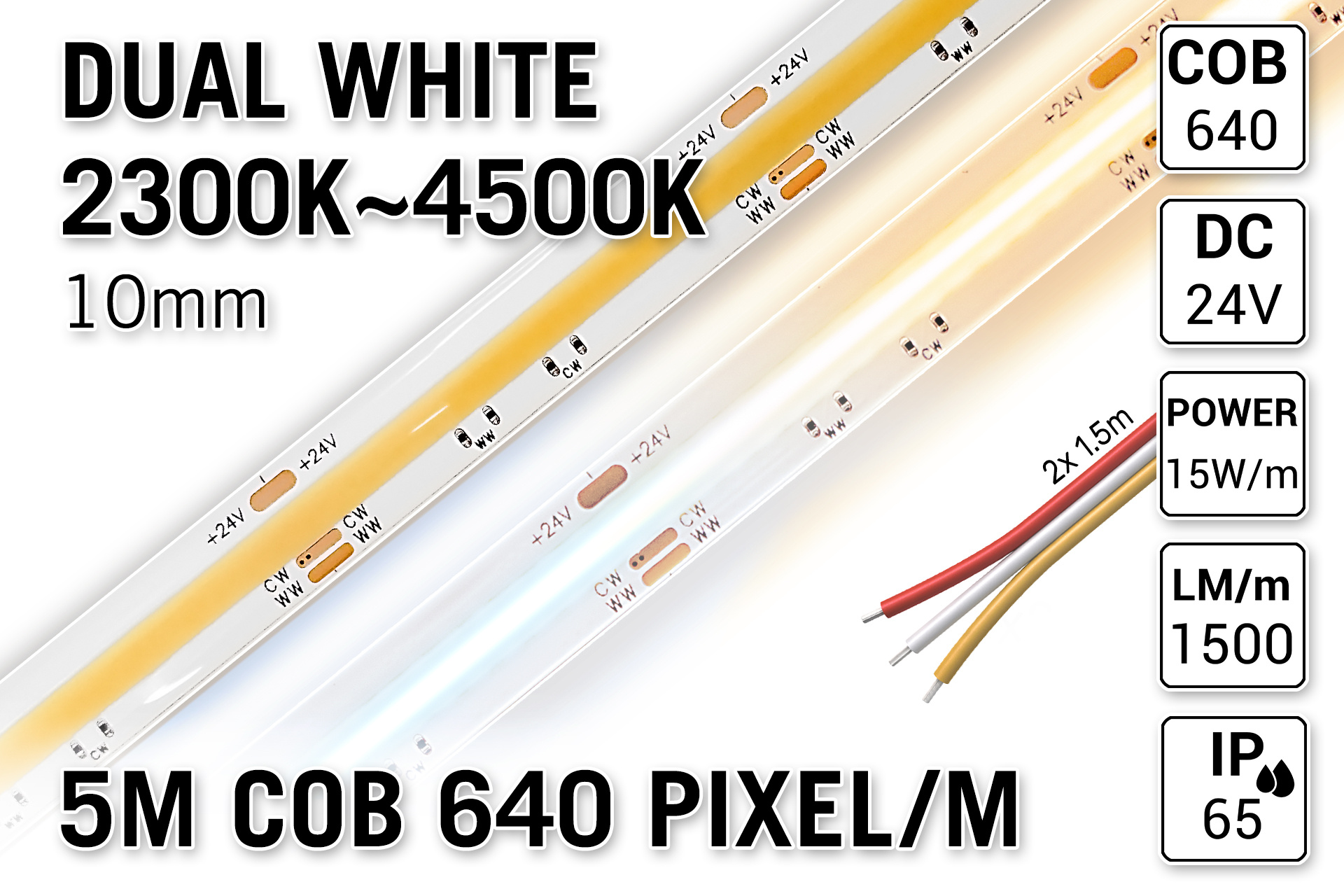 AppLamp ProLine PRO LINE COB Dual Wit 2300K~4500K CCT Led Strip |5m COB 640 Pixels pm 24V - Losse Strip