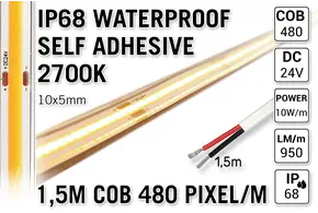 AppLamp 1.5m IP68 Waterdichte COB 2700K Warm Wit Led Strip | 10 W pm | 24V | 480 pixels pm - Zelfklevend