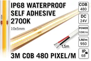 AppLamp 3m IP68 Waterdichte COB 2700K Warm Wit Led Strip | 10W pm | 24V | 480 pixels pm - Zelfklevend
