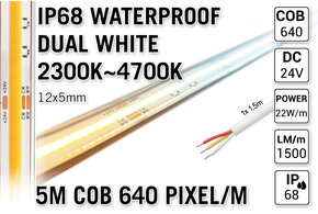 AppLamp ProLine 5m IP68 PRO LINE COB Dual Wit 2300K~4700K CCT Led Strip |  COB 640 Pixels pm 24V - Losse Strip