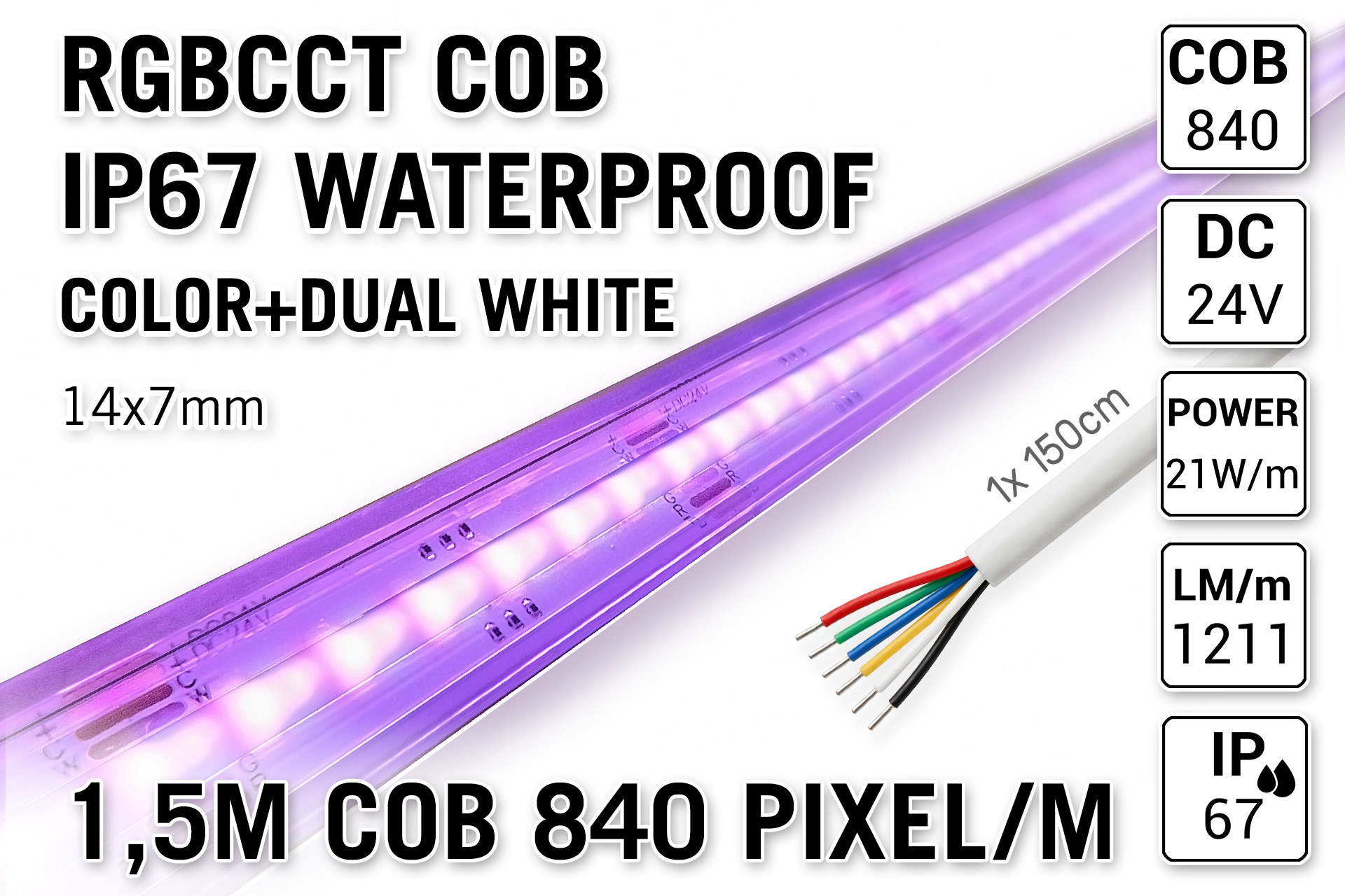 AppLamp COB RGBCCT IP67 Waterproof Led Strip | Kleur+Dual Wit | 1,5m 25W pm  24V | 840 pixels pm - Losse Strip