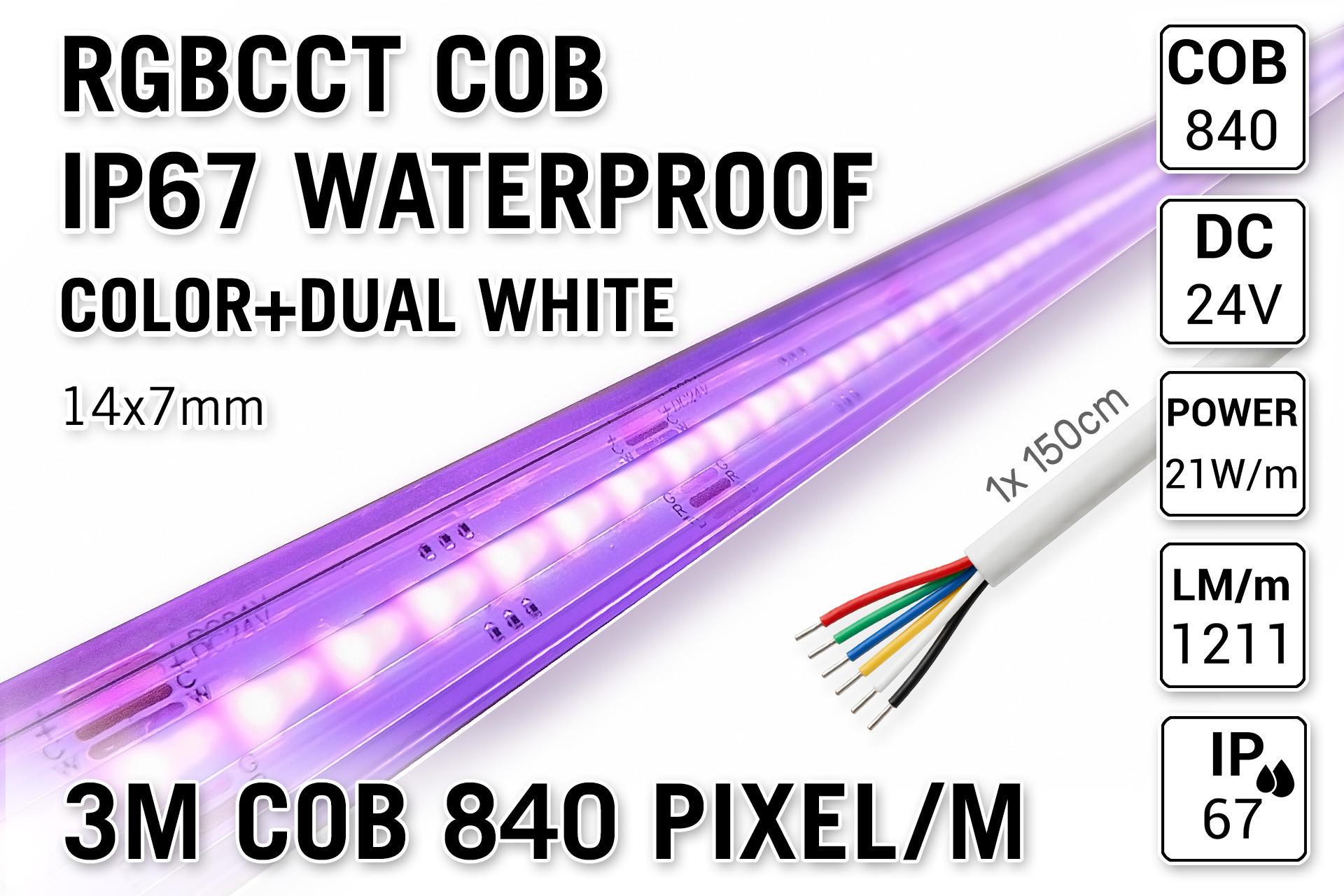 AppLamp COB RGBCCT IP67 Waterproof Led Strip | Kleur+Dual Wit | 3m 25W pm  24V | 840 pixels pm - Losse Strip