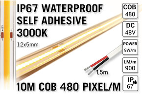 AppLamp 10m IP67 Waterdichte COB 3000K Warm Wit Led Strip | 10W pm  48V | 480 pixels pm - Zelfklevend