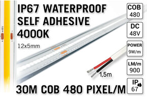 AppLamp 30m IP67 Waterdichte COB 4000K Neutraal Wit Led Strip | 10W pm  48V | 480 pixels pm - Zelfklevend