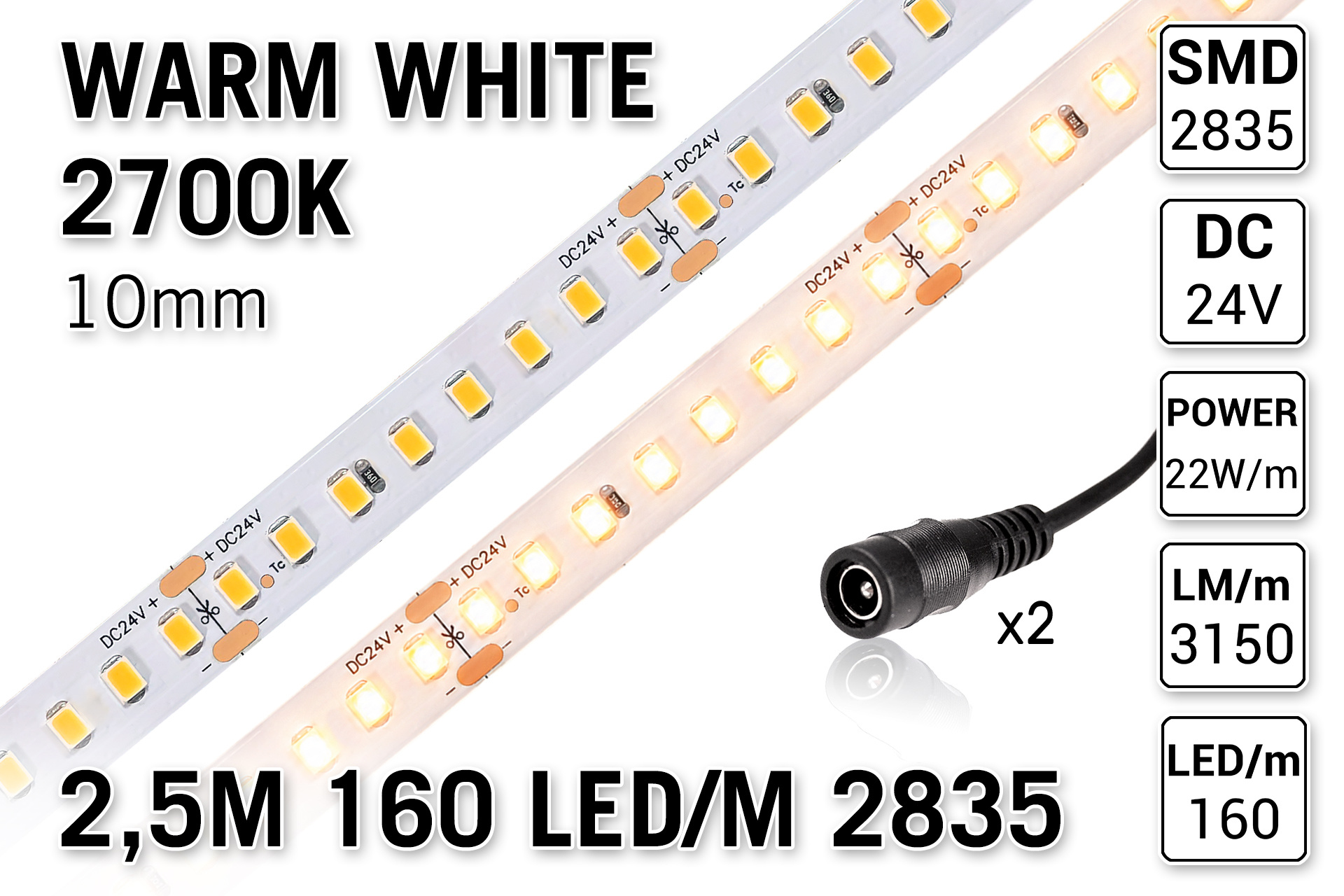 Applamp Warm Wit 2700K Led Strip | 2,5m 160 Leds pm Type 2835 24V IP20 Losse Strip CRI80