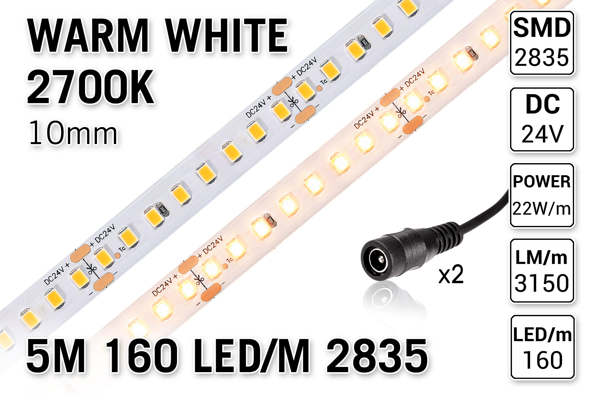Applamp Warm Wit 2700K Led Strip | 5m 160 Leds pm Type 2835 24V IP20 Losse Strip CRI80