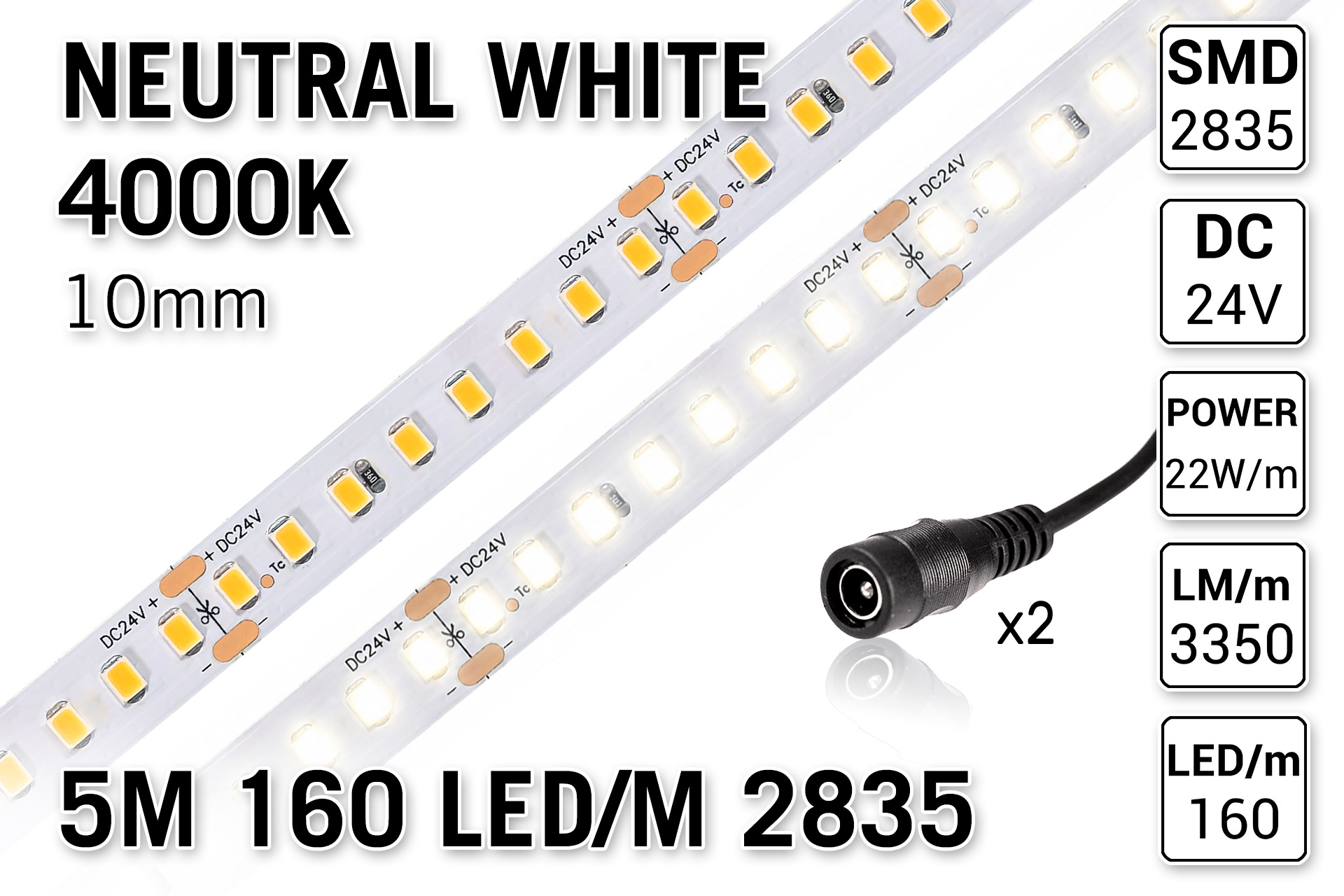 Applamp Neutraal Wit 4000K Led Strip | 5m 160 Leds pm Type 2835 24V IP20 Losse Strip CRI80