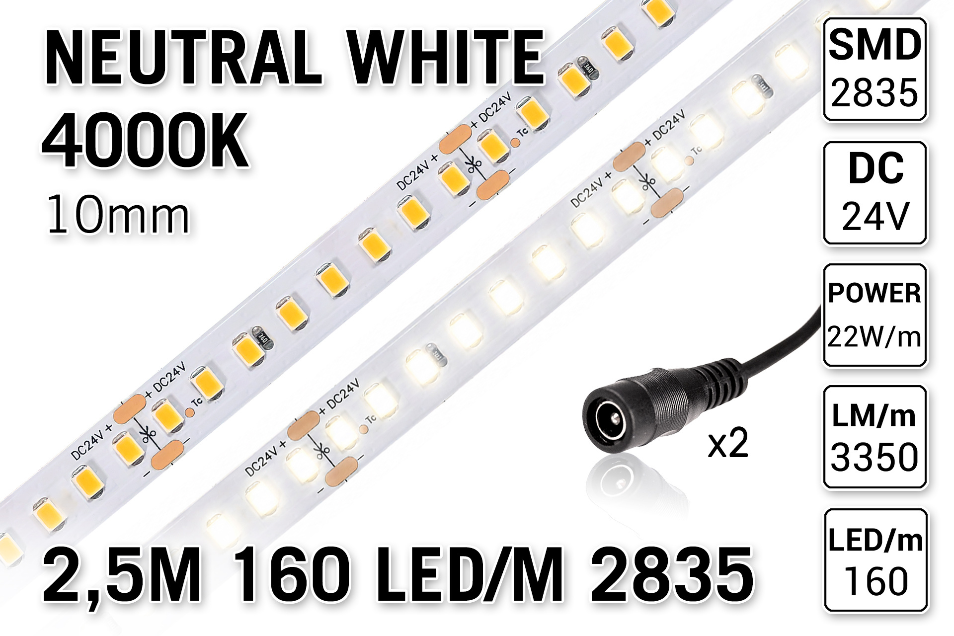 Applamp Neutraal Wit 4000K Led Strip | 2,5m 160 Leds pm Type 2835 24V IP20 Losse Strip CRI80