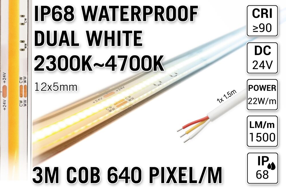 AppLamp ProLine 3m IP68 PRO LINE COB Dual Wit 2300K~4700K CCT Led Strip |  COB 640 Pixels pm 24V - Losse Strip