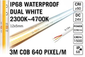 AppLamp ProLine 3m IP68 PRO LINE COB Dual Wit 2300K~4700K CCT Led Strip |  COB 640 Pixels pm 24V - Losse Strip
