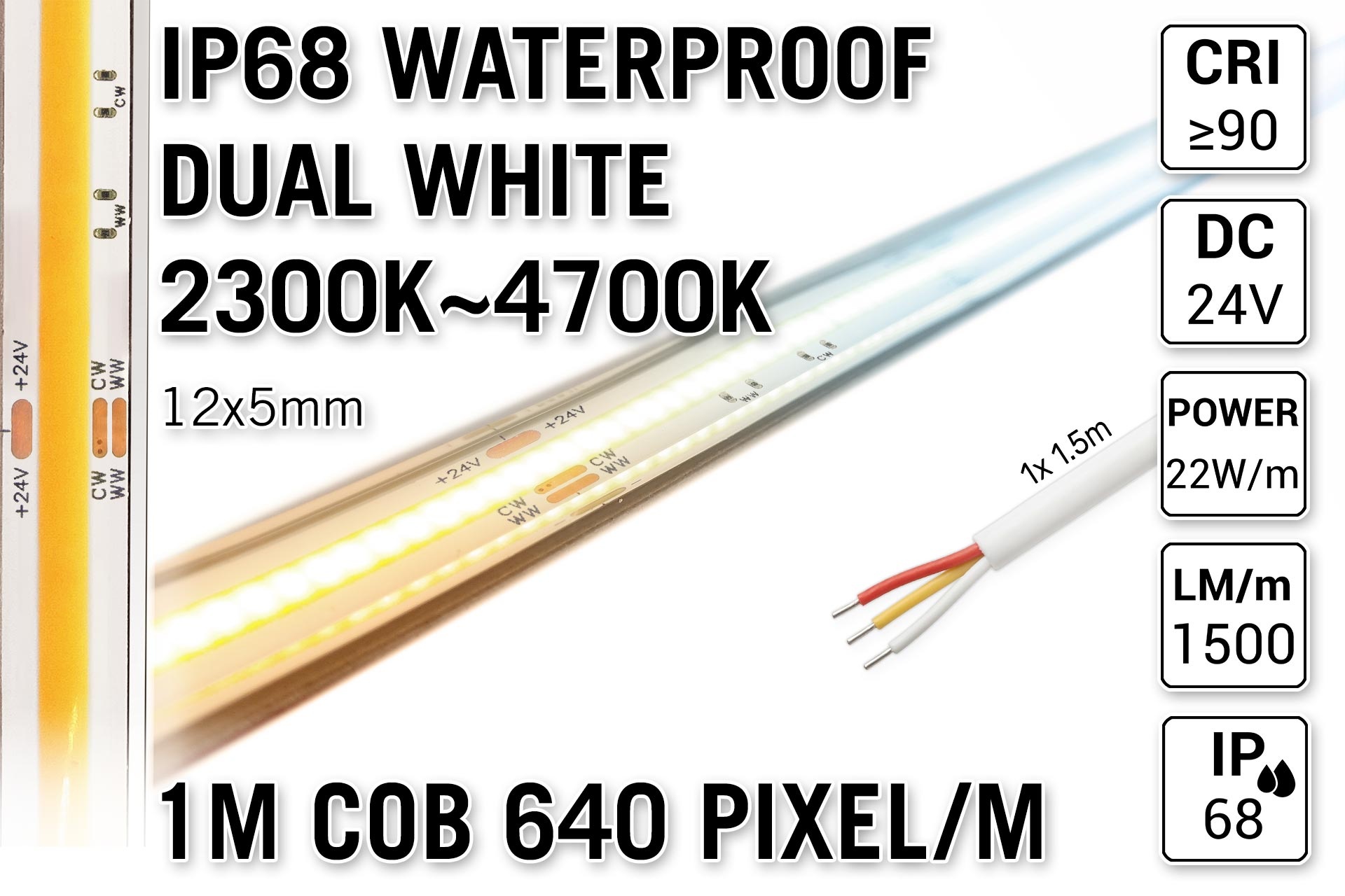 AppLamp ProLine 1m IP68 PRO LINE COB Dual Wit 2300K~4700K CCT Led Strip |  COB 640 Pixels pm 24V - Losse Strip