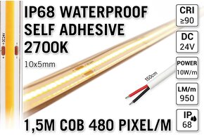 AppLamp 1.5m IP68 Waterdichte COB 2700K Warm Wit Led Strip | 10 W pm | 24V | 480 pixels pm - Zelfklevend