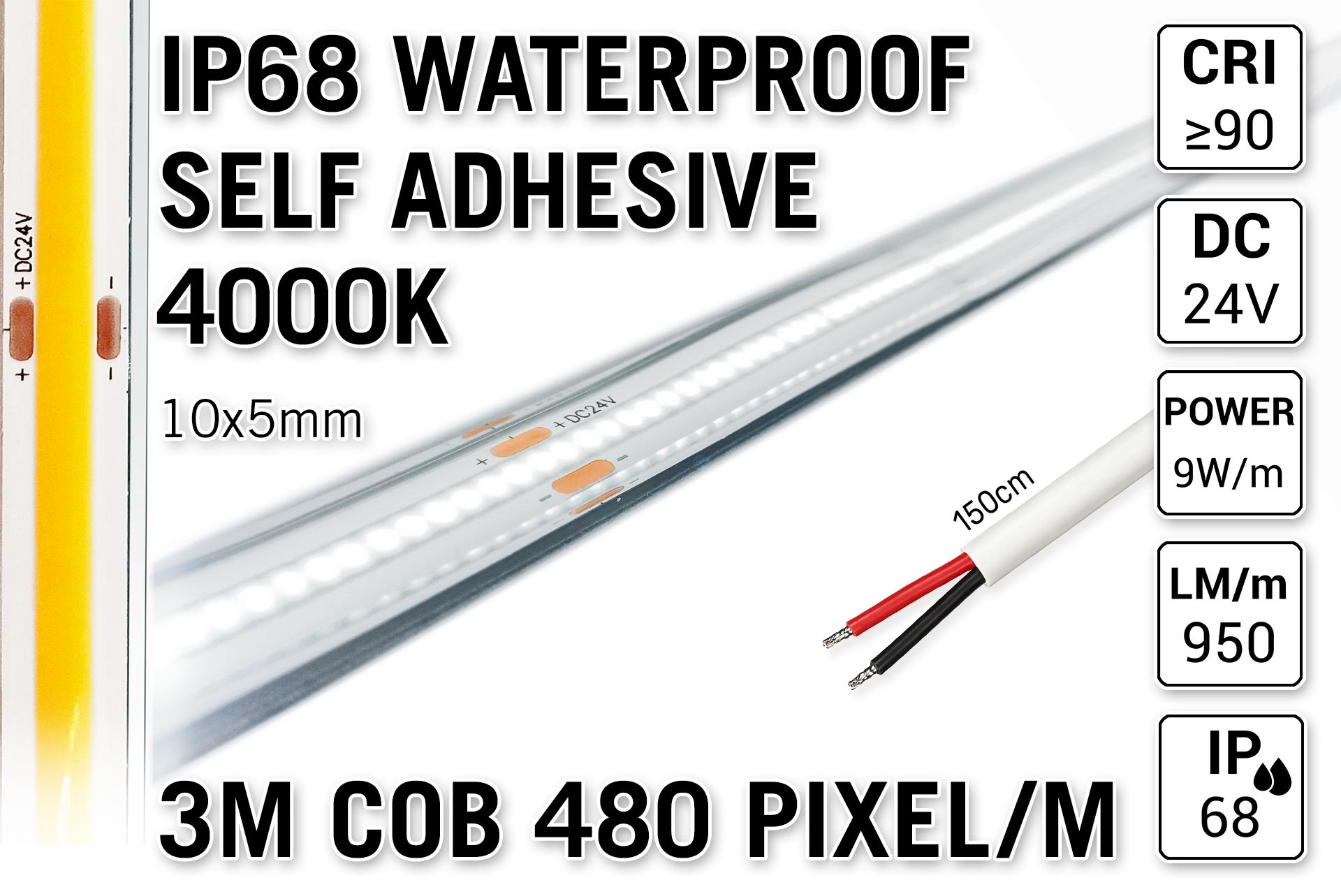 AppLamp 3m IP68 Waterdichte COB 4000K Neutraal Wit Led Strip | 9W pm  24V | 480 pixels pm - Zelfklevend