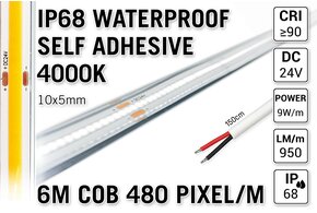 AppLamp 6m IP68 Waterdichte COB4000K Neutraal Wit Led Strip | 9W pm  24V | 480 pixels pm - Zelfklevend