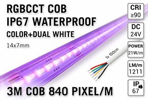 AppLamp 3m COB RGBCCT IP67 Waterproof Led Strip | 21W pm  24V | 840 pixels pm - Losse Strip