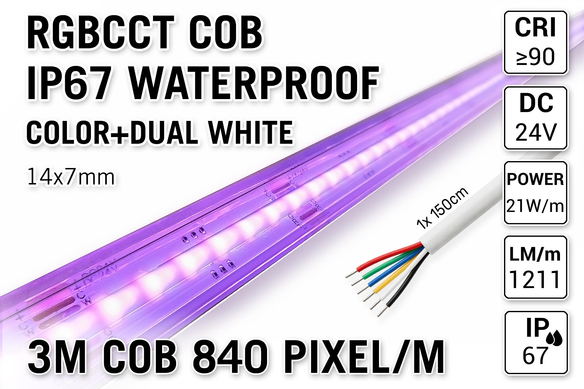 AppLamp COB RGBCCT IP67 Waterproof Led Strip | Kleur+Dual Wit | 3m 21W pm  24V | 840 pixels pm - Losse Strip