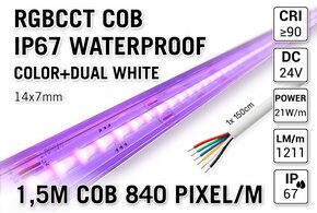 AppLamp 1,5m COB RGBCCT IP67 Waterproof Led Strip | 25W pm  24V | 840 pixels pm - Losse Strip