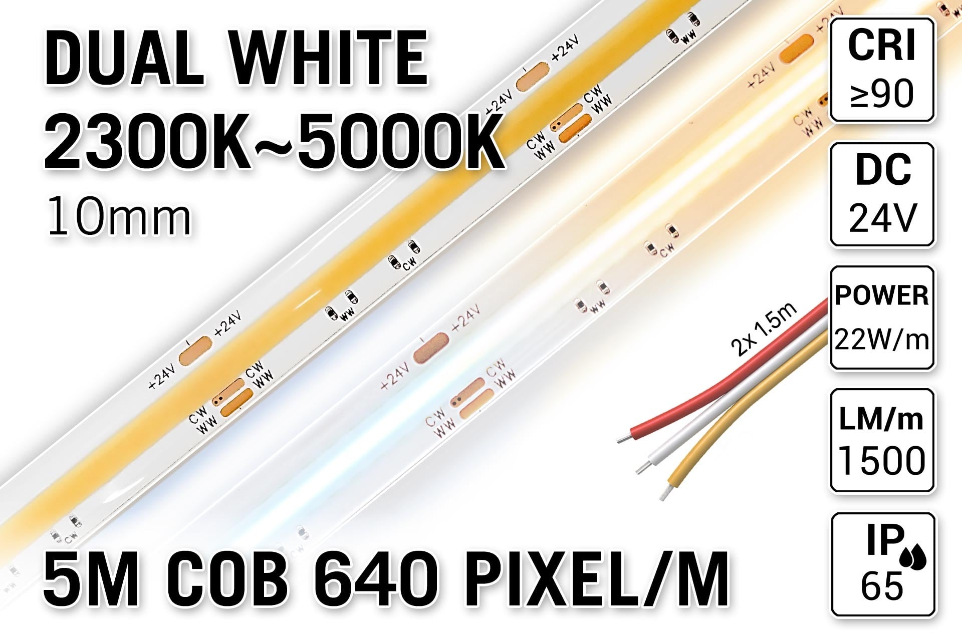 AppLamp ProLine PRO LINE COB Dual Wit 2300K~4700K CCT Led Strip |5m COB 640 Pixels pm 24V - Losse Strip