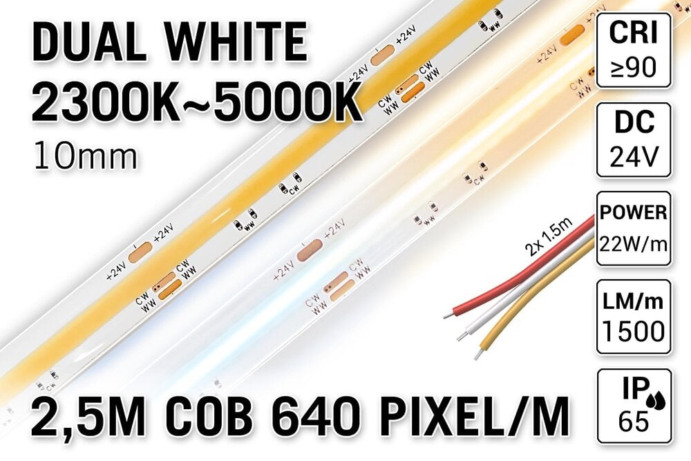 AppLamp ProLine PRO LINE COB Dual Wit 2300K~4700K CCT Led Strip | 2,5m COB 640 Pixels pm 24V - Losse Strip