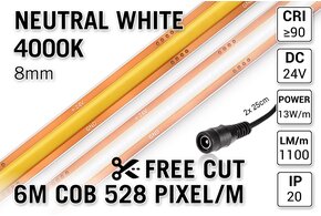 AppLamp Free Cut COB 4000K Neutraal Wit Led Strip | 6m | 13W pm | 24V | 528 pixels pm - Losse Strip