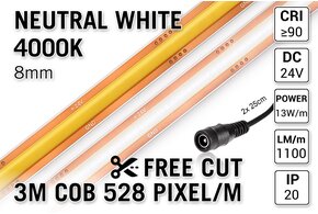 AppLamp Free Cut COB 4000K Neutraal Wit Led Strip | 3m | 13W pm | 24V | 528 pixels pm - Losse Strip