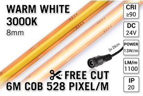 AppLamp Free Cut COB 3000K Warm Wit Led Strip | 6m | 13W pm | 24V | 528 pixels pm - Losse Strip
