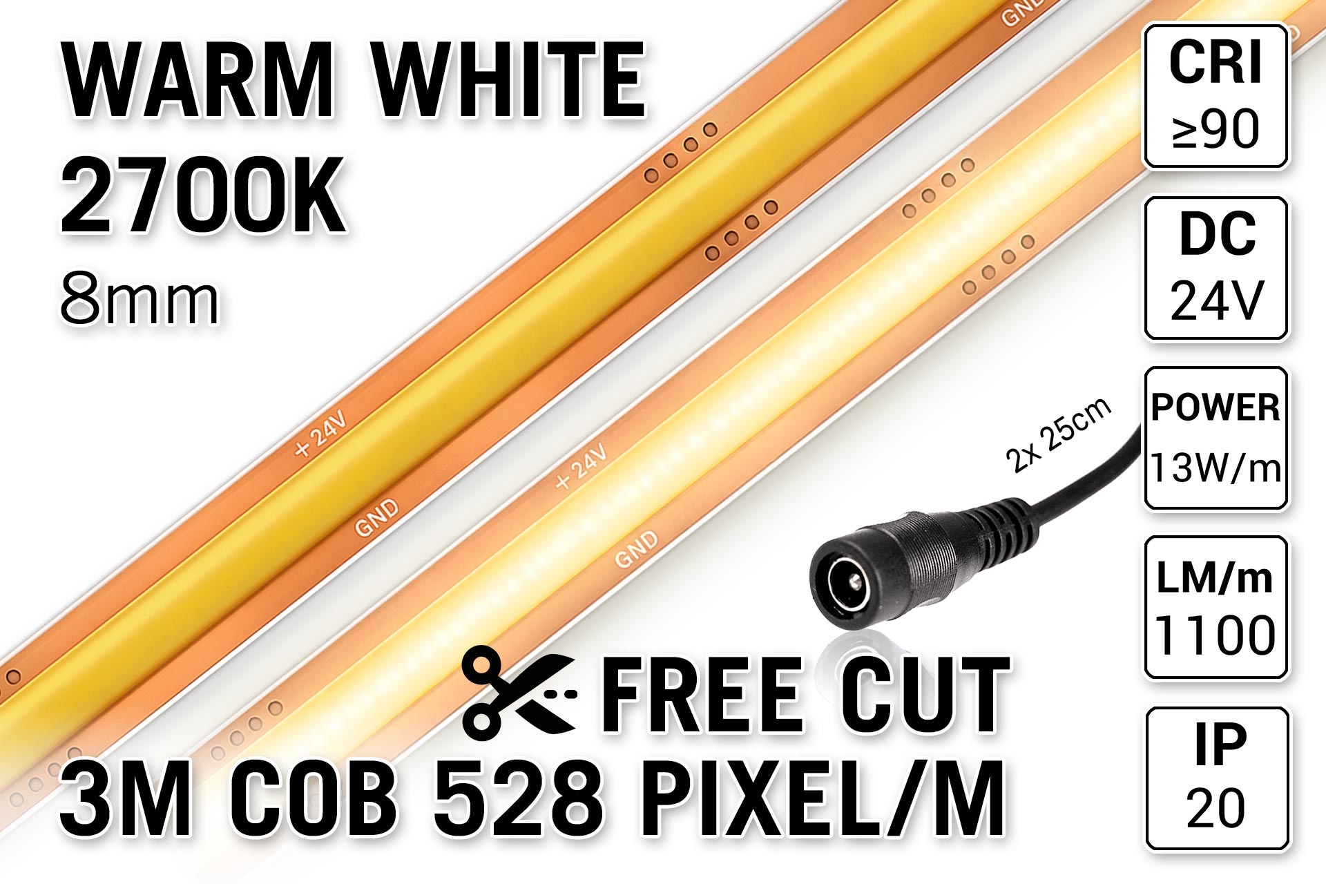 AppLamp Vrij Knipbare Pro Line COB 2700K Warm Wit Led Strip | 3m | 13W pm | 24V | 528 pixels pm - Losse Strip