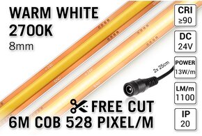 AppLamp Free Cut COB 2700K Warm Wit Led Strip | 6m | 13W pm | 24V | 528 pixels pm - Losse Strip