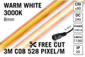 AppLamp Free Cut COB 3000K Warm Wit Led Strip | 3m | 13W pm | 24V | 528 pixels pm - Losse Strip