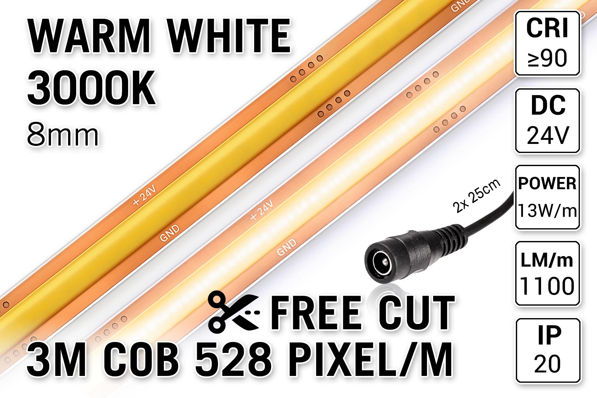 AppLamp Vrij Knipbare Pro Line COB 3000K Warm Wit Led Strip | 3m | 13W pm | 24V | 528 pixels pm - Losse Strip