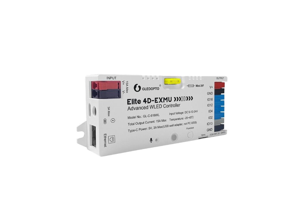 GLEDOPTO Gledopto Elite 4D-EXMU (GL-C-618WL) Geavanceerde WLED Controller | 4 Digitale Outputs | Ethernet, WiFi & Microfoon voor Adresseerbare LED-strips
