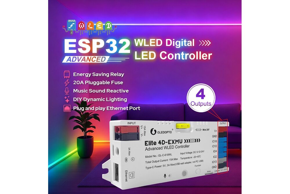 GLEDOPTO Gledopto Elite 4D-EXMU (GL-C-618WL) Geavanceerde WLED Controller | 4 Digitale Outputs | Ethernet, WiFi & Microfoon voor Adresseerbare LED-strips