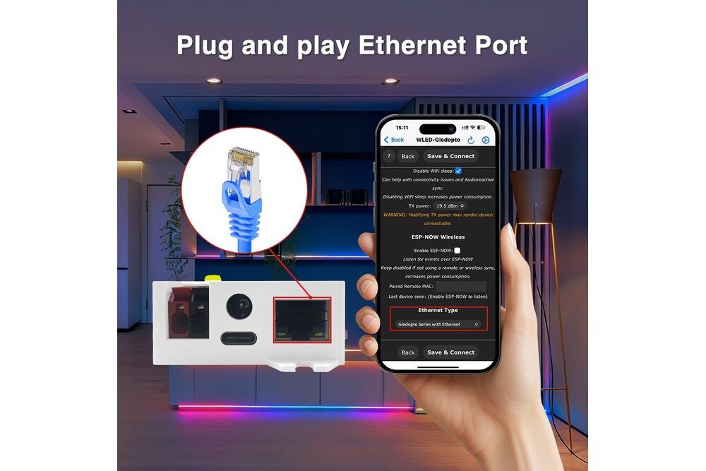 GLEDOPTO Gledopto Elite 4D-EXMU (GL-C-618WL) Geavanceerde WLED Controller | 4 Digitale Outputs | Ethernet, WiFi & Microfoon voor Adresseerbare LED-strips