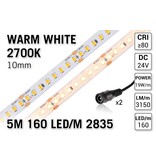 Applamp Extra Heldere Pro Line Warm Wit LED Strip 2700K | 5m | Zéér Hoge Lichtopbrengst 3150 lm/m | 19W pm | 160 LEDs 2835 | 24V | IP20 - Losse Strip