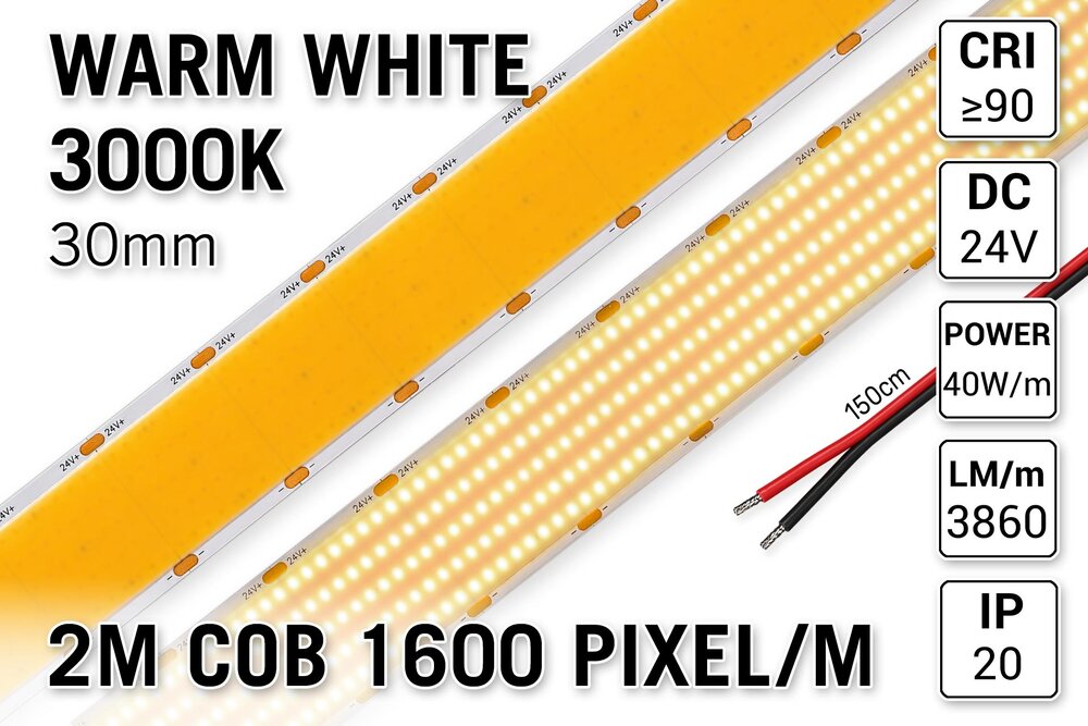 AppLamp Extra Heldere Pro Line Super Wide Warm Wit COB LED Strip 3000K | 2m | Zéér Hoge Lichtopbrengst 3860 lm/m | 40W pm | 1600 COB LEDs pm | 30mm | 24V | IP20 - Losse Strip