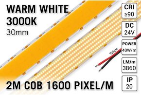 AppLamp Extra Heldere Super Wide Warm Wit COB LED Strip 3000K | 2m | 3860 lm/m | 30mm breed - Losse Strip