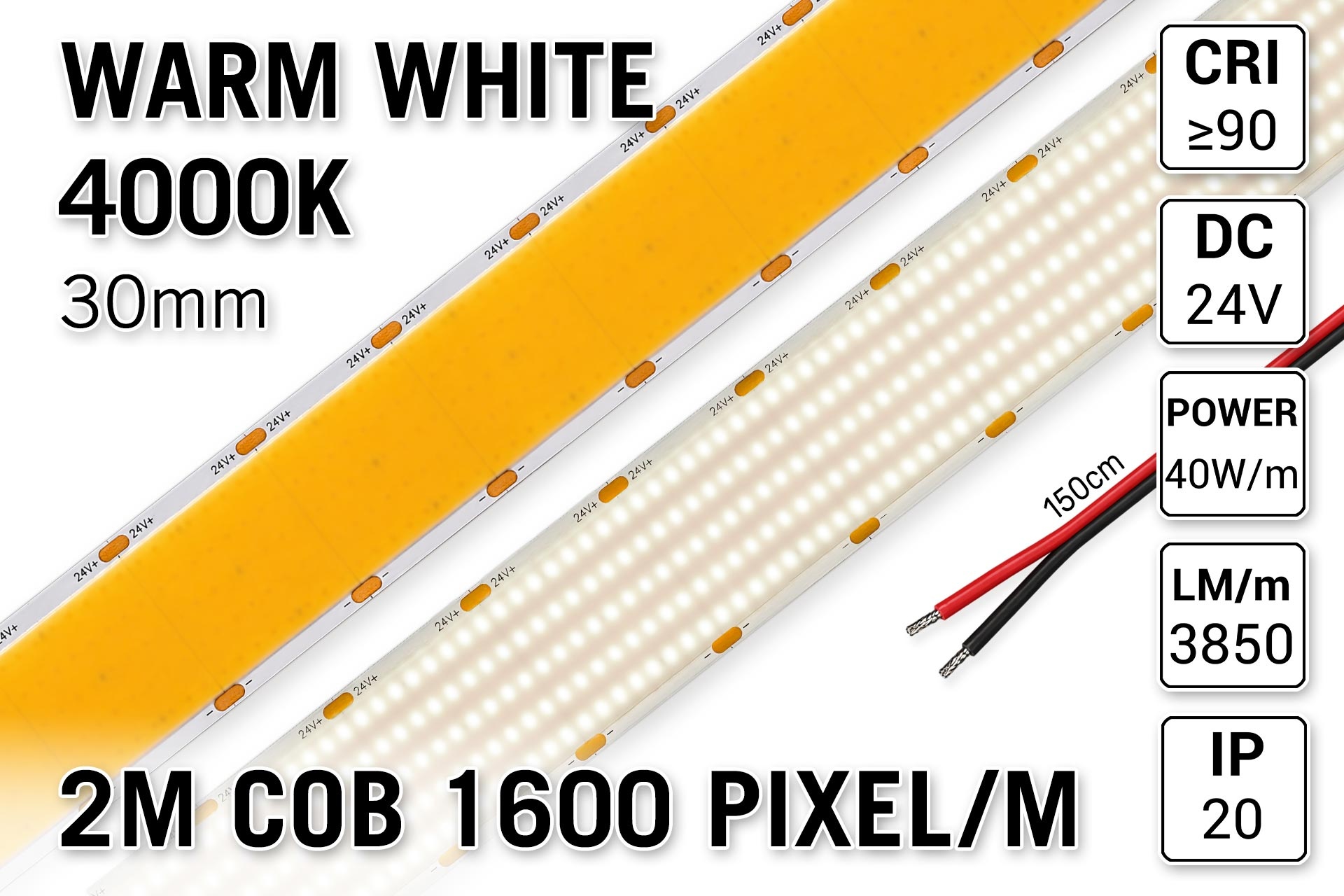 AppLamp Extra Heldere Pro Line Super Wide Neutraal Wit COB LED Strip 4000K | 2m | Zéér Hoge Lichtopbrengst 3850 lm/m | 40W pm | 1600 COB LEDs pm | 30mm | 24V | IP20 - Losse Strip